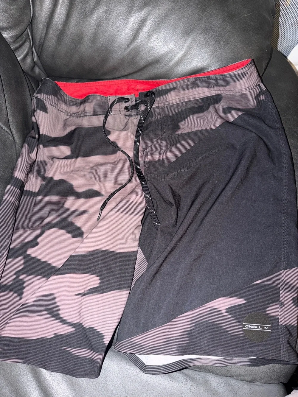 O'Neill Black & Mauve Camo Swim Trunks with Red Waistband